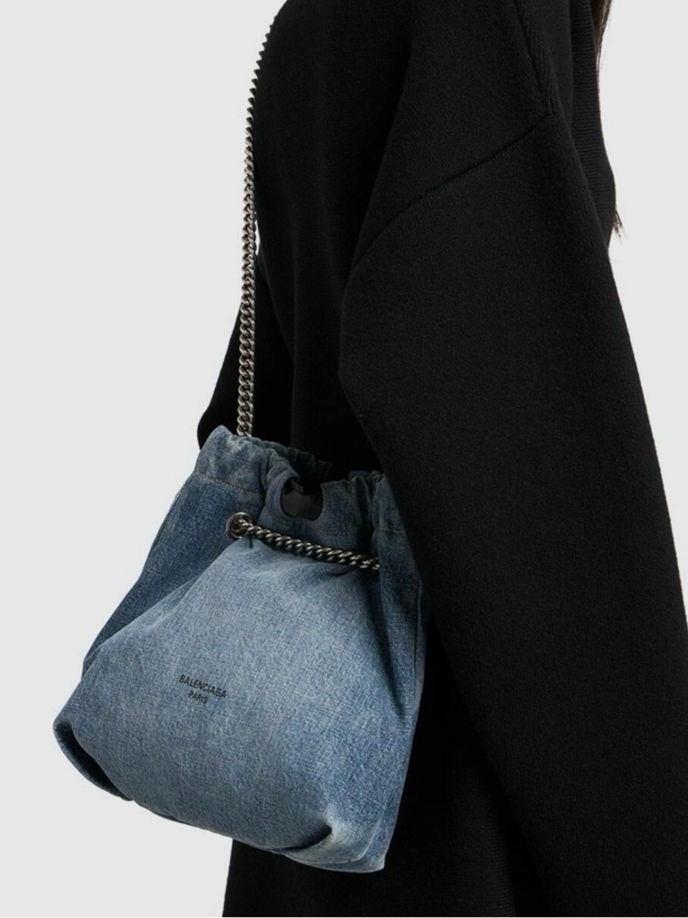Balenciaga Denim Small Crush Bucket Bag with Silver Chain Strap